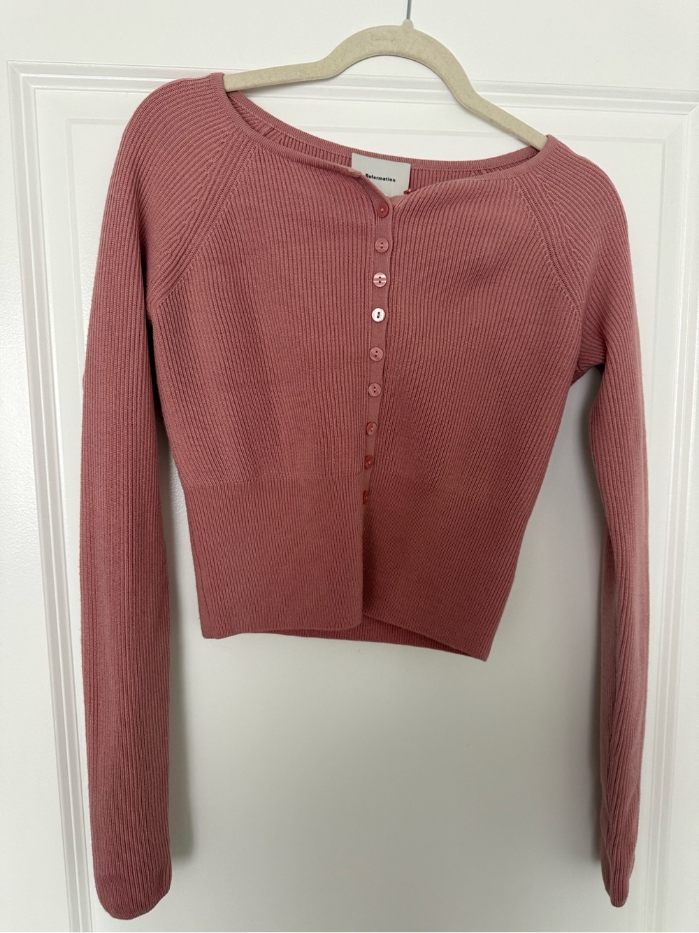 Reformation Ribbed Button-Front Crop Cardigan in Dusty Rose